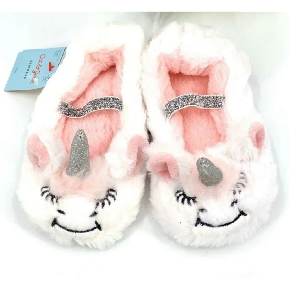 Cat & Jack Girls Slippers Size 12-24M White Pink Unicorn Fuzzy Plush Shoes